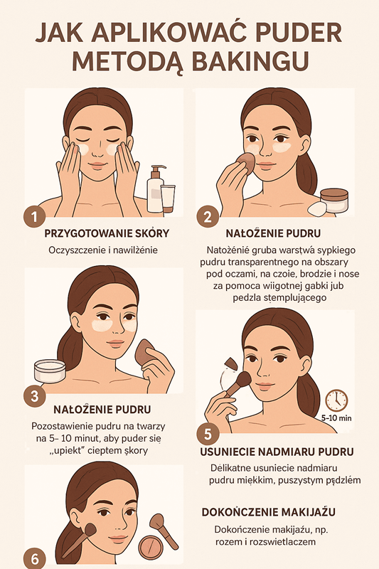 jak aplikować puder huda beauty easy bake metodą bakingu? Infografika przedstawiająca etapy krok po kroku
