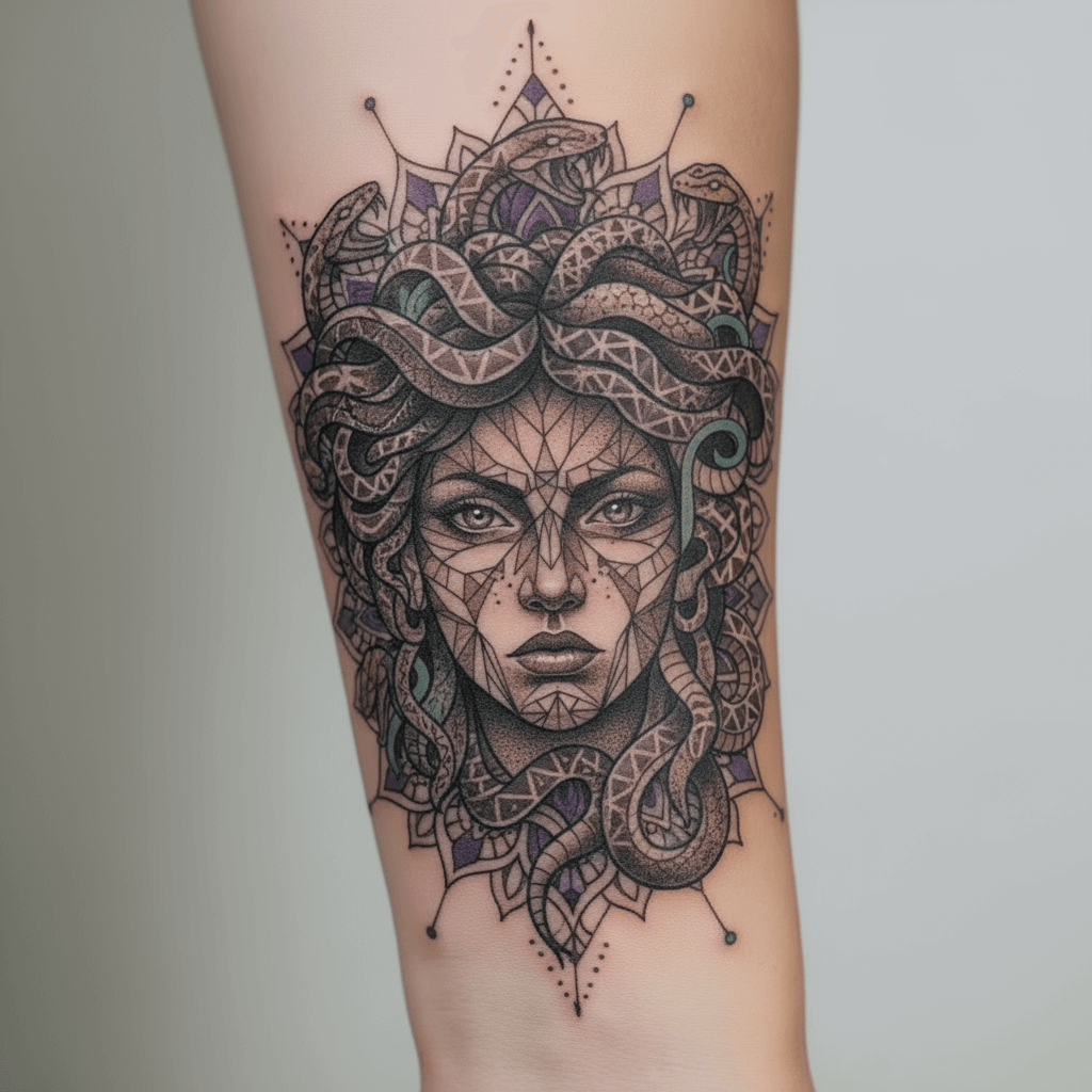 tatuaż meduzy w stylu geometrycznym na przedramieniu